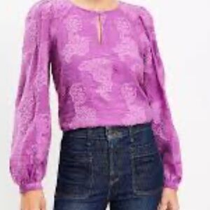 Loft Floral purple Jacquard keyhole blouse M petites